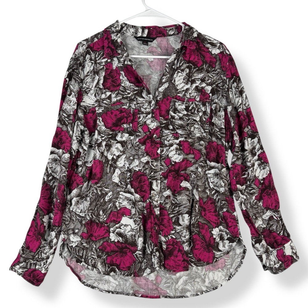 Rock & Republic Top Blouse Womens M Medium Floral Roll Tab Button‎ Down Shirt
